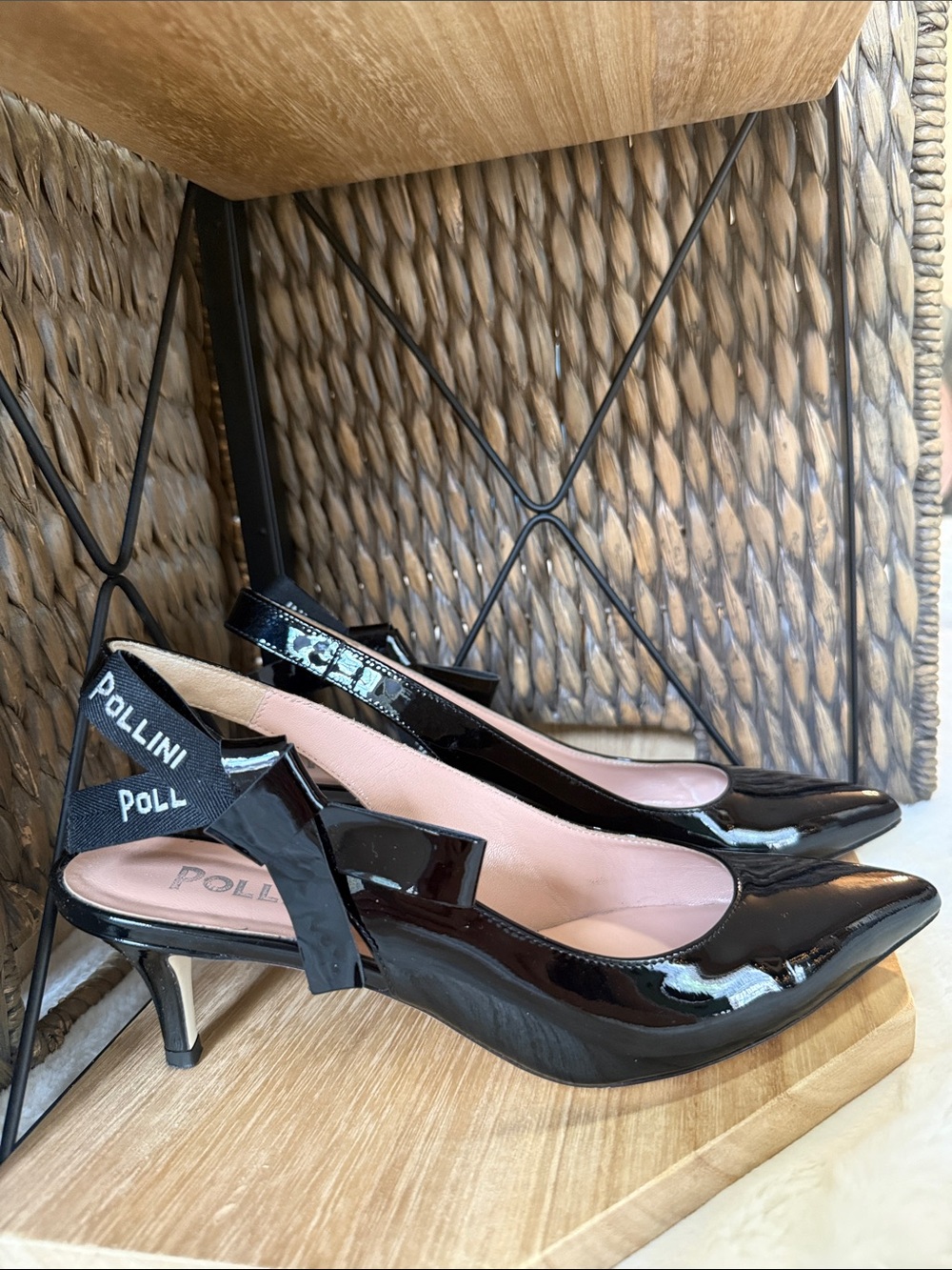 Pollini Black Patent Slingback Kitten Heels with Logo Strap with Dust Bag